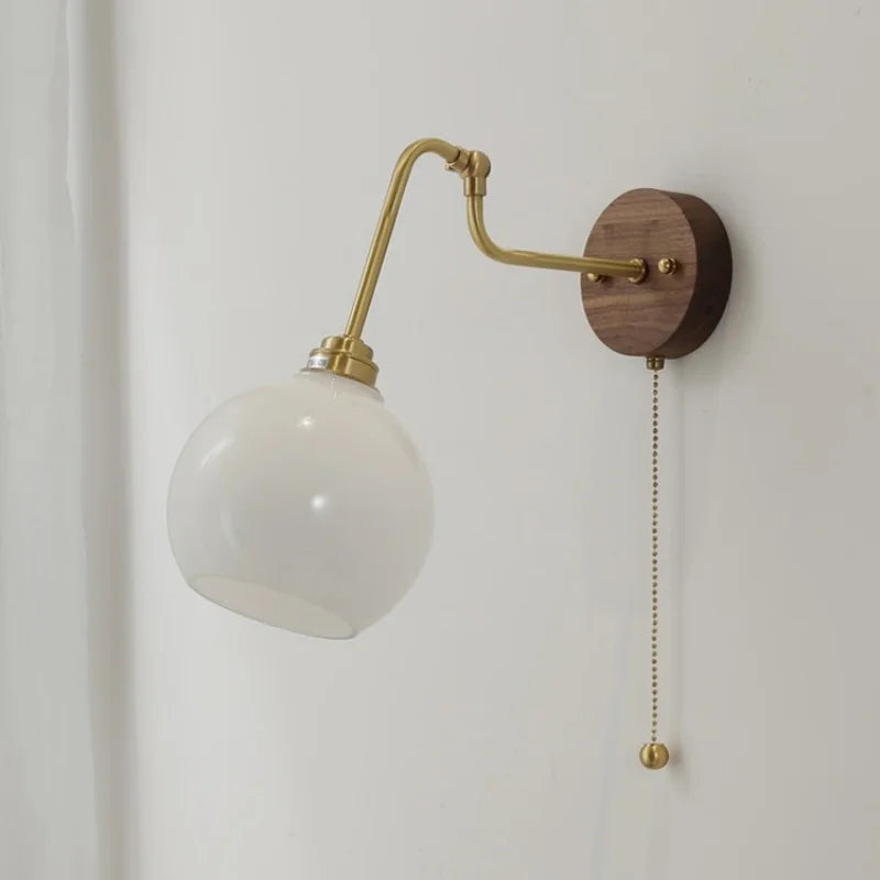 Helnys Copper LED Wall Sconce Amber Glass Walnut Base Nordic Modern Mirror Light