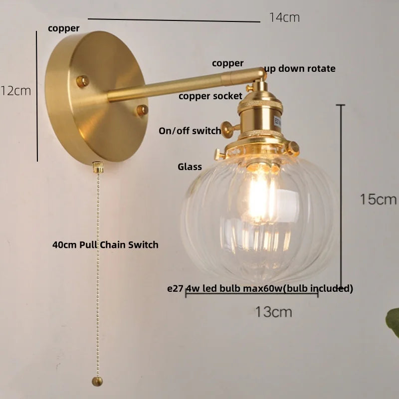 Helnys Vintage Blue Glass LED Wall Lamp with Pull Chain Switch