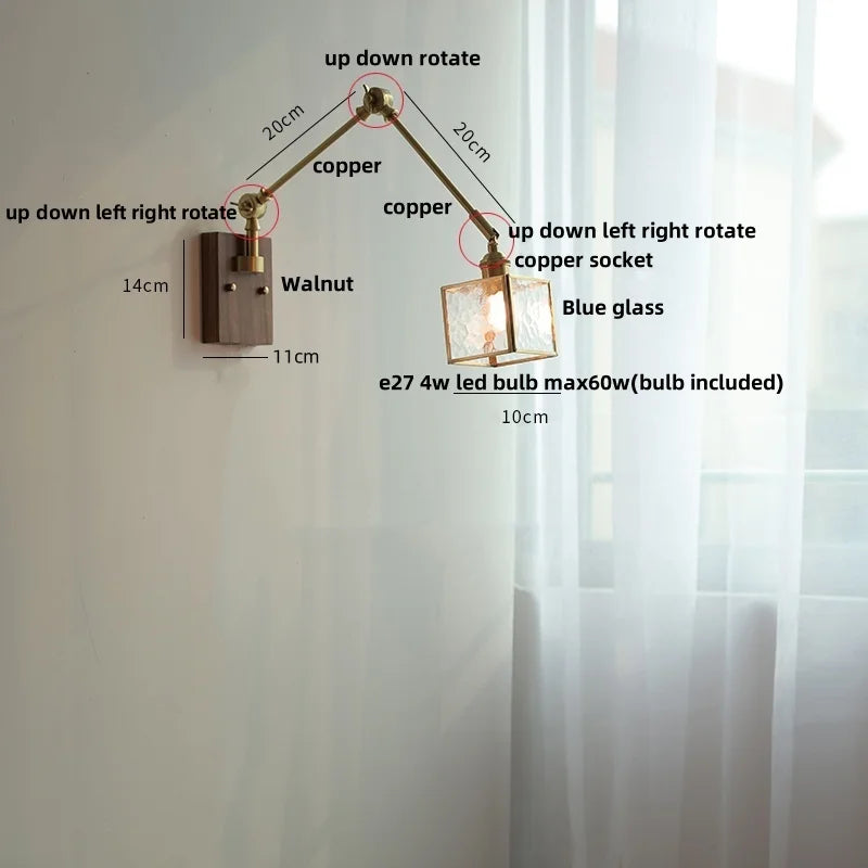 Helnys Modern LED Wall Lamp Glass Pull Chain Switch Rotatable Swing Arms Fixtures