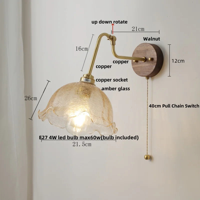 Helnys Copper LED Wall Sconce Amber Glass Walnut Base Nordic Modern Mirror Light
