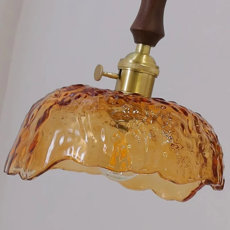 Helnys Green Glass LED Pendant Light with Walnut Wood Knob Switch