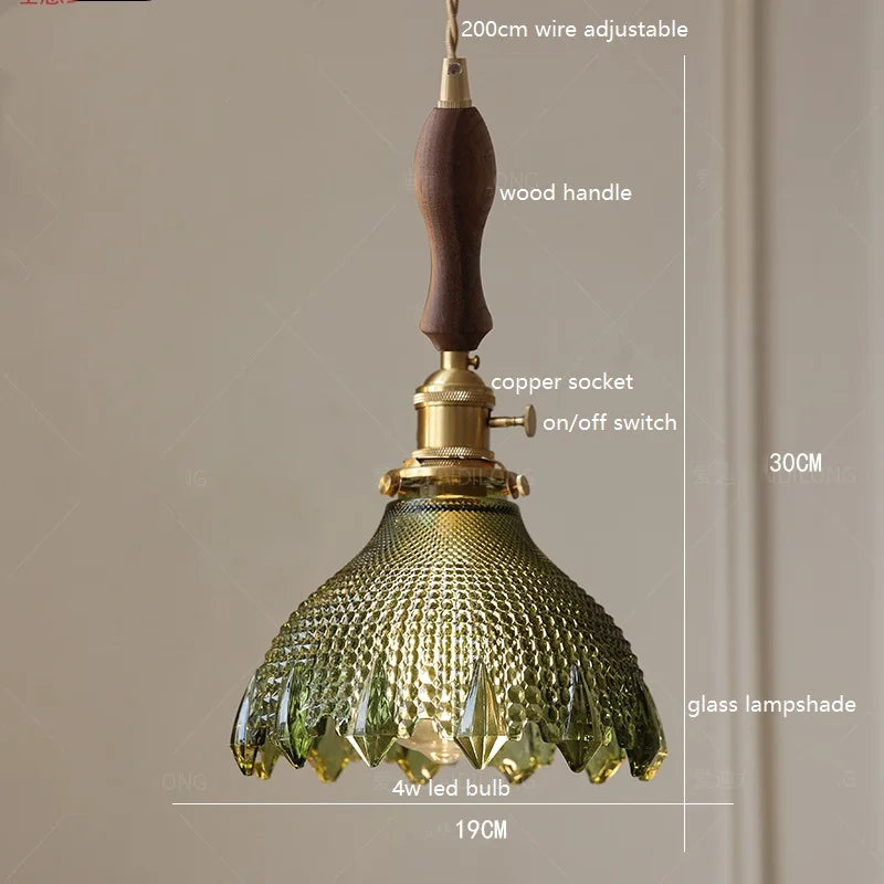 Helnys Green Glass LED Pendant Lamp with Copper Wood Handle for Dinning Living Room