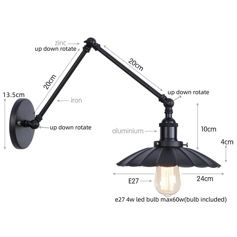 Helnys Adjustable Black Iron LED Wall Light - Industrial Vintage Bedside Lamp