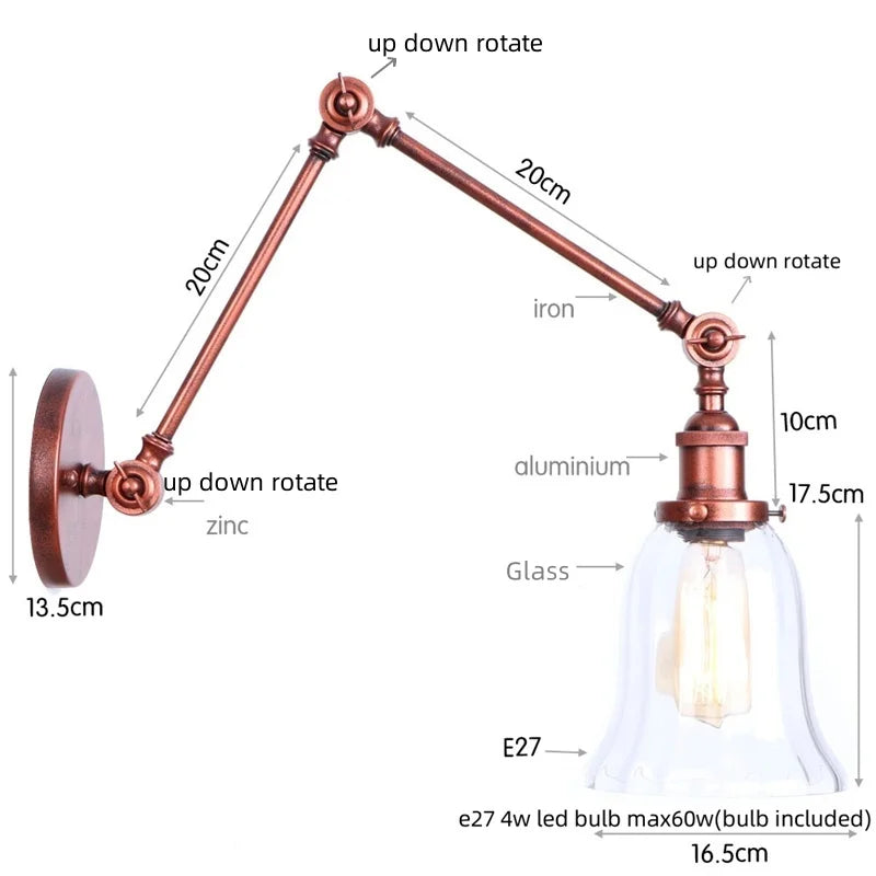 Helnys Retro Loft LED Wall Light Fixture Industrial Glass Indoor Lamp