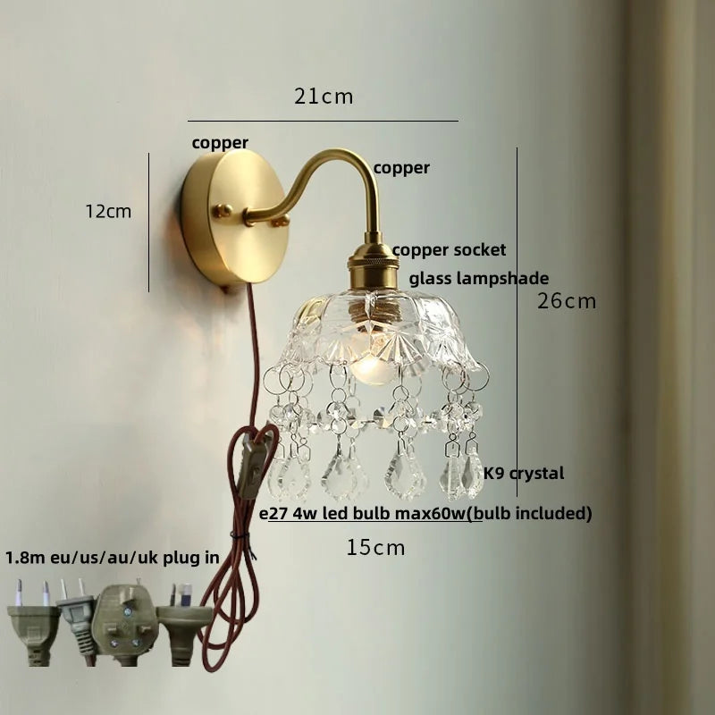 Helnys Green Class Ball LED Wall Light Fixture - Copper Socket Pull Chain Switch