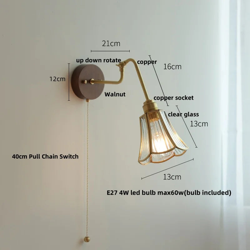 Helnys Clear Glass LED Wall Sconce with Pull Chain Switch & Rotating Walnut Wood Arm