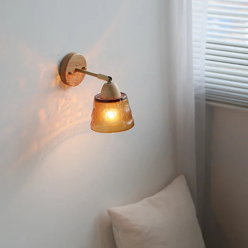 Helnys Wood Canopy LED Wall Lights Pull Chain Amber Glass Sconce Nordic Modern