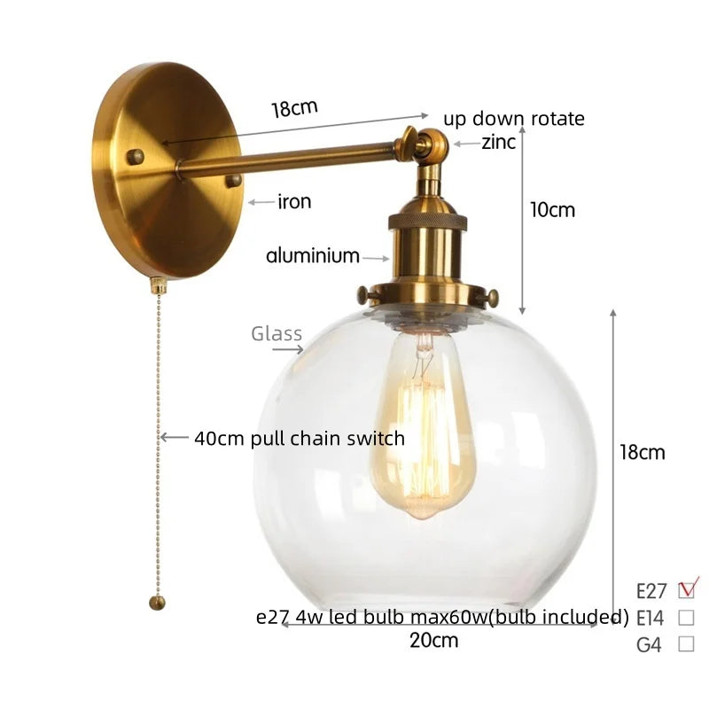 Helnys Glass LED Wall Sconce Industrial Iron Pull Chain Switch Wall Light