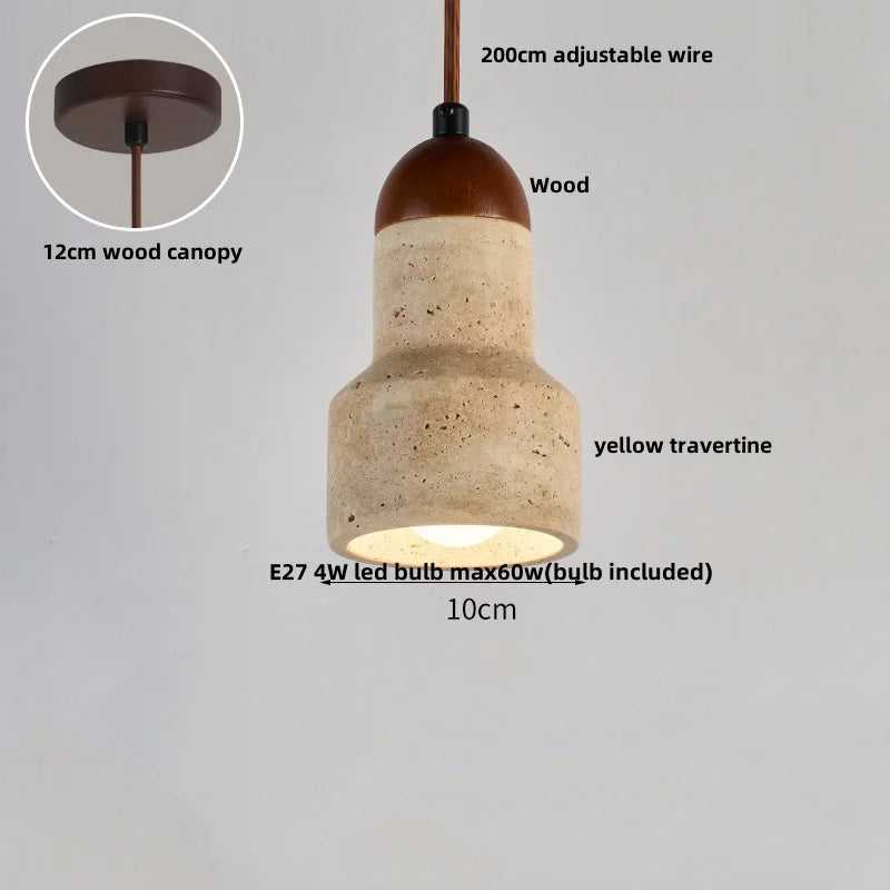 Helnys Ambient LED Pendant Wood Canopy Yellow Travertine Glass Hanging Lamp