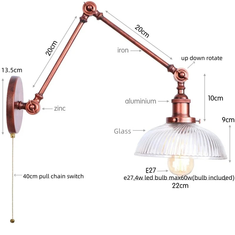 Helnys Adjustable Glass Wall Sconce Pull Chain Switch Industrial Rustic LED Fixture