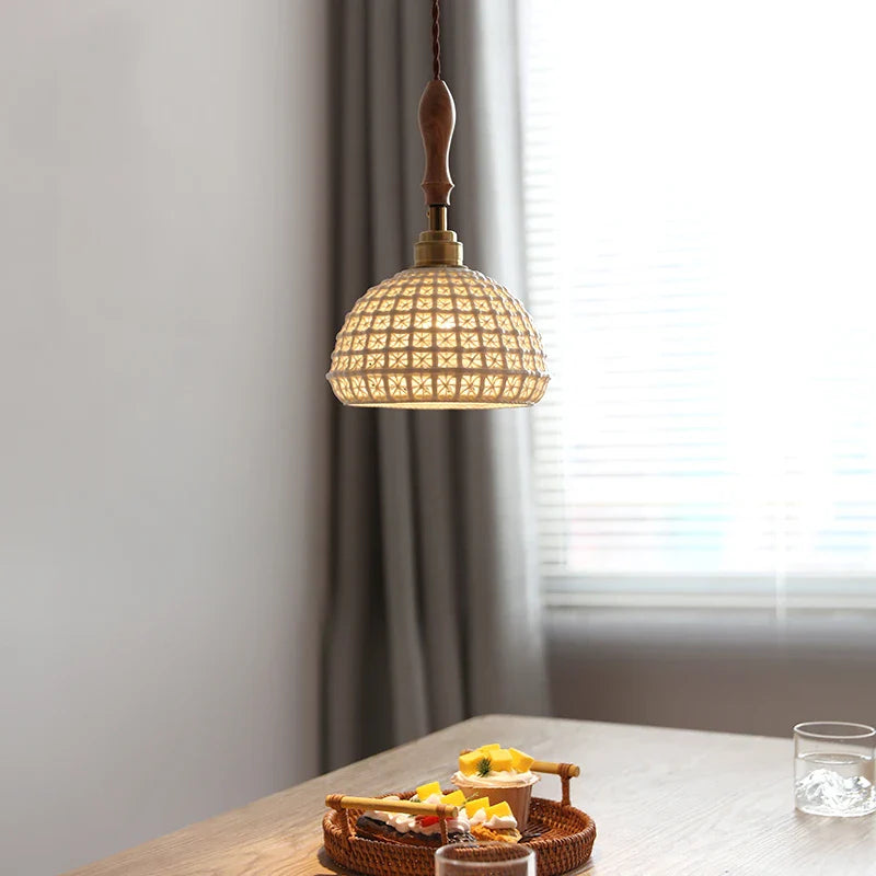 Helnys Ceramic LED Pendant Lights with Ash Wood Handle for Home Décor