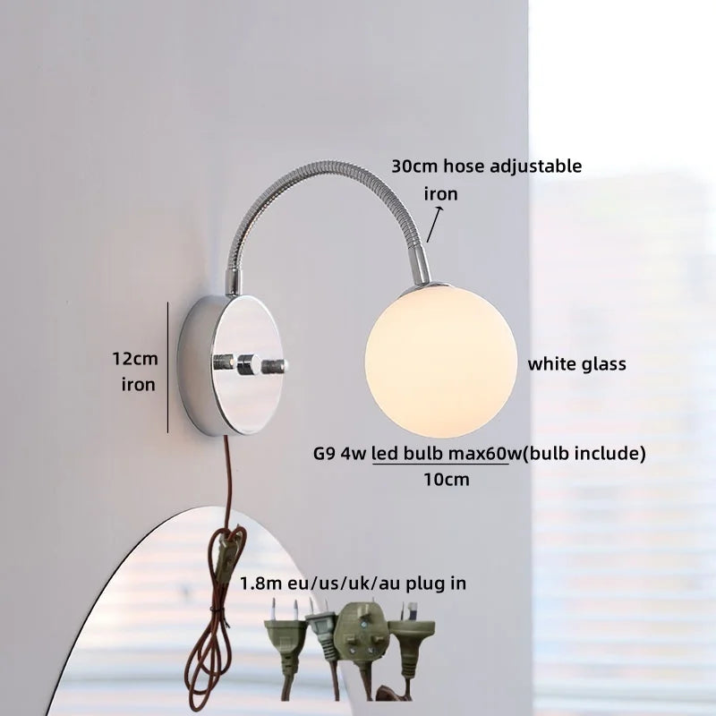 Helnys Round Glass Ball LED Wall Light - Gold Brass Base Nordic Bedroom Bedside Lamp