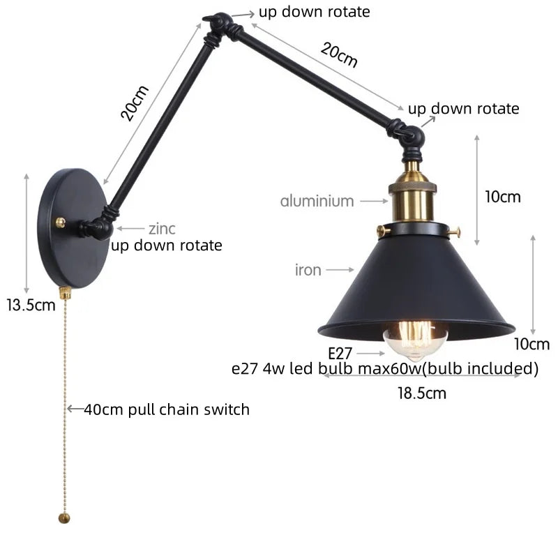 Helnys Vintage Iron LED Wall Lamp with Pull Chain Switch