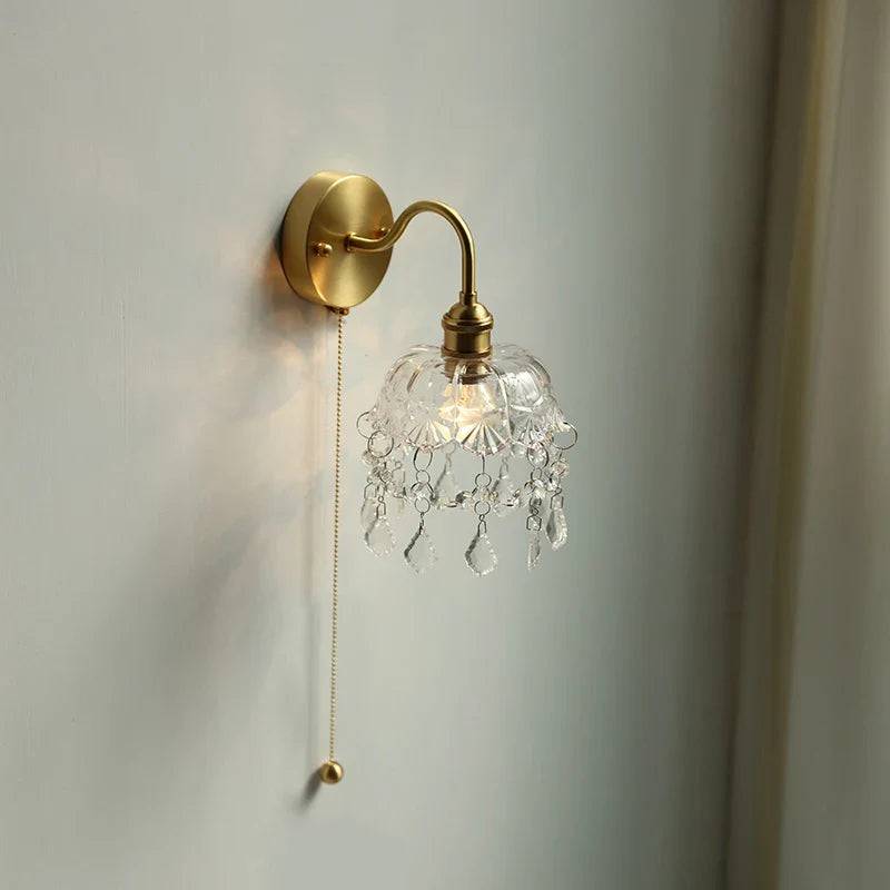Helnys Nordic LED Wall Light with Pull Chain Switch, Crystal Glass Bedside Lamp