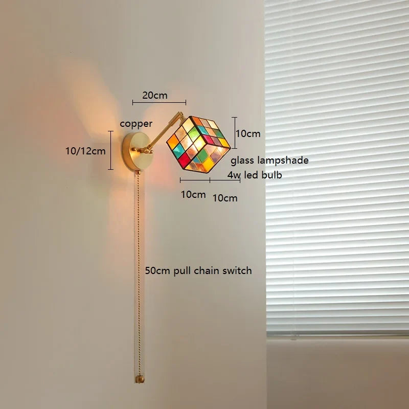 Helnys Colorful Glass LED Wall Lamp Sconce with Pull Chain Switch