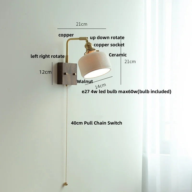 Helnys Globe Ceramic LED Wall Light Walnut Wood Sconce with Pull Chain Switch