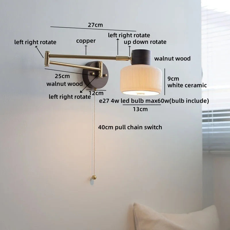 Helnys Swing Copper Arm LED Wall Lamp in White Ceramic