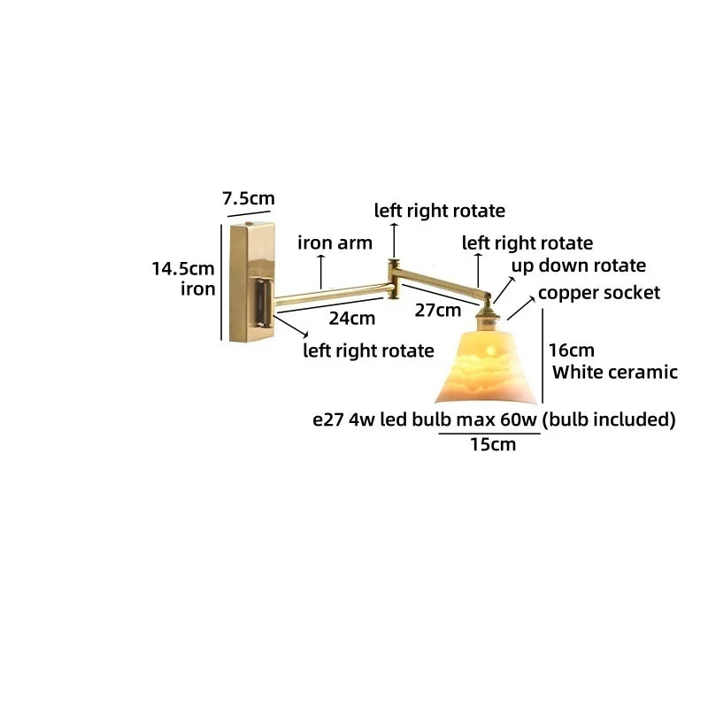 Helnys LED Wall Lamp Bedroom Gold Swing Arm Ceramic Light