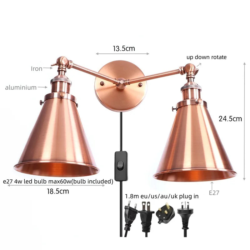Helnys Loft Plug LED Wall Lamps 2 Heads Industrial Silver Vintage Lighting