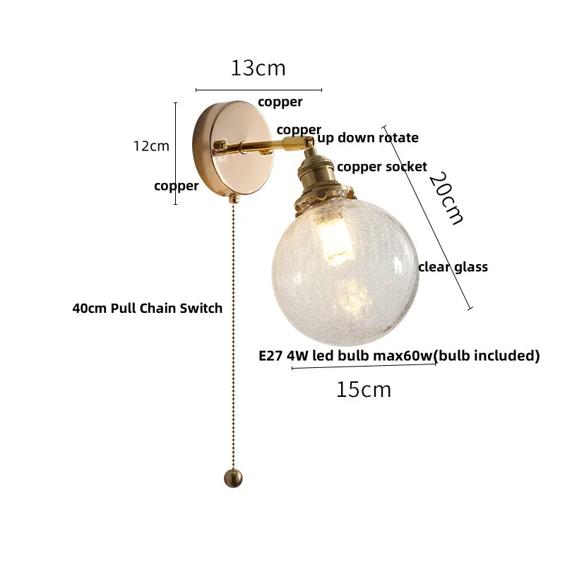 Helnys Rotating Glass Wall Light with Pull Chain Switch & LED - Modern Nordic Design