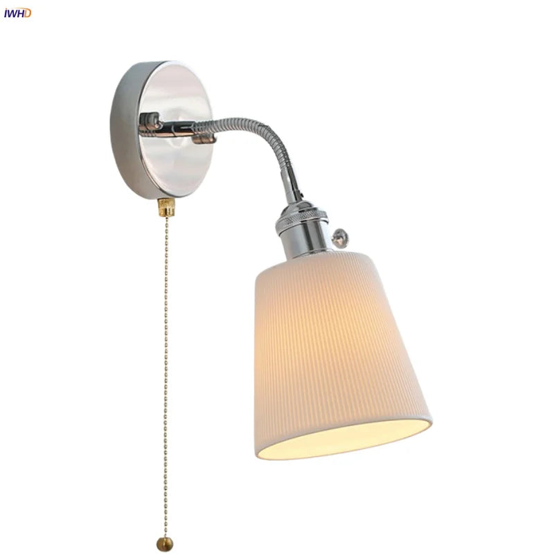 Helnys White Ceramic LED Wall Light Adjustable Modern Pull Chain Switch Bedside Lamp