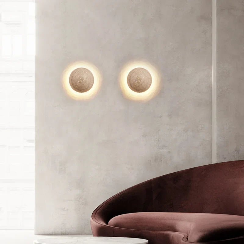 Helnys LED Wall Light Bedroom Yellow Travertine Wood Canopy Sconce Lampara