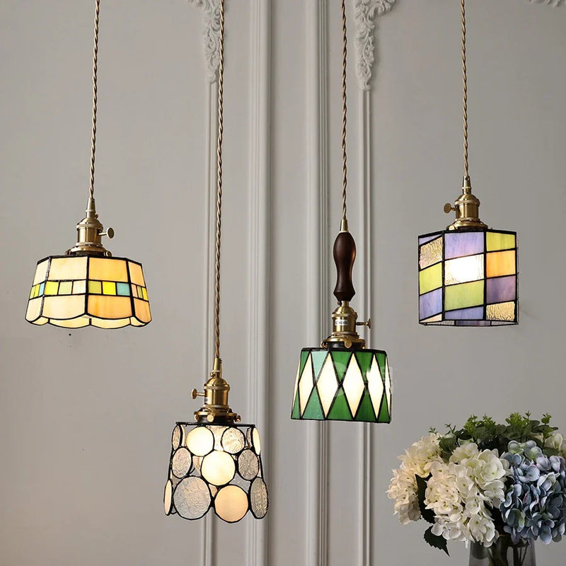 Helnys Vintage Europe Style LED Pendant Light with Wood, Copper, Glass Lampshade