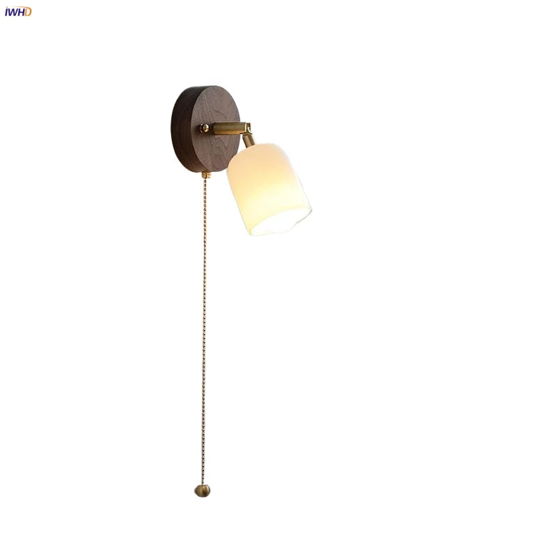 Helnys Nordic Modern Walnut Wood Wall Light with LED, Glass Shade & Pull Chain Switch
