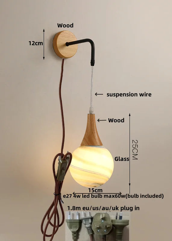 Helnys Amber LED Wall Lamp Walnut Wood Pull Chain Switch Applique Murale