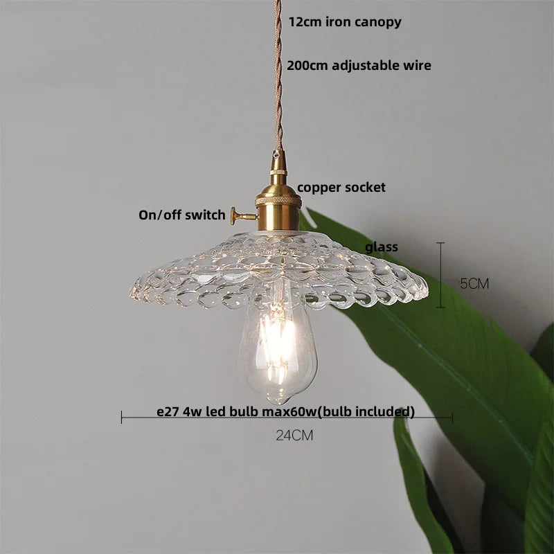 Helnys Clear Leaf Glass LED Pendant Lamp with Copper Knob Switch