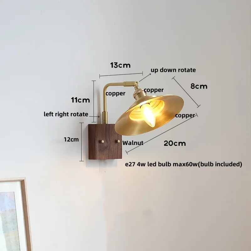 Helnys LED Wall Light Fixture Walnut Wood Copper Bedside Lamp Rotation Dining Room