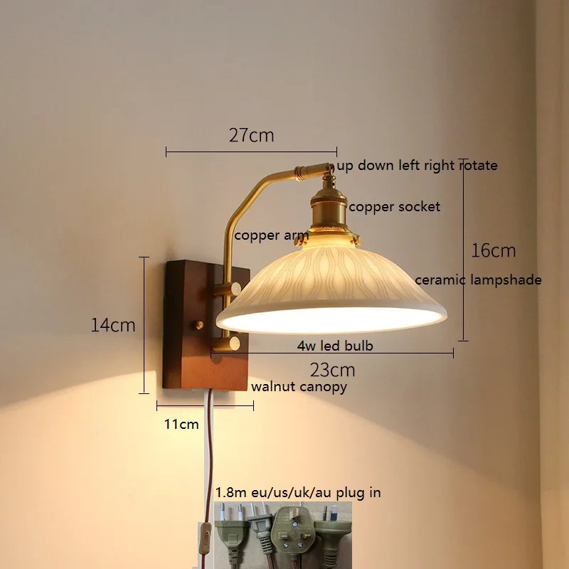 Helnys Nordic Copper LED Wall Lights Fixtures Switch Walnut Wall Lamp