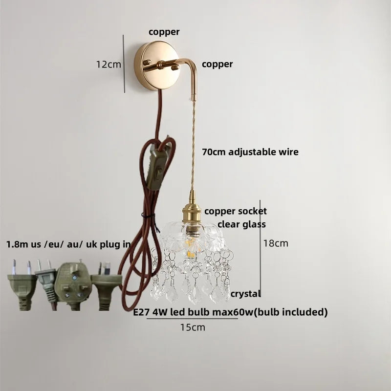 Helnys Adjustable LED Wall Light Clear Glass Copper Socket Bedside Lamp
