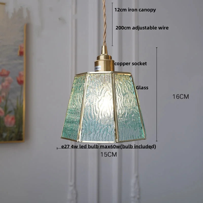 Helnys Blue Glass LED Pendant Light with Adjustable Copper Knob Switch
