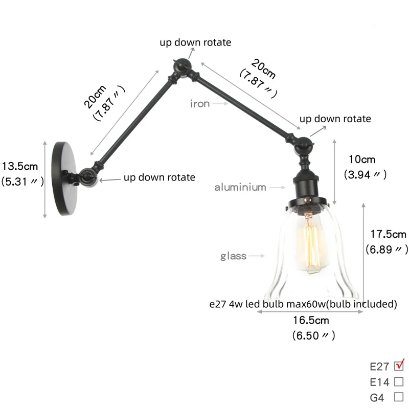 Helnys Vintage Swing Arm Wall Lamp with White Glass Shade
