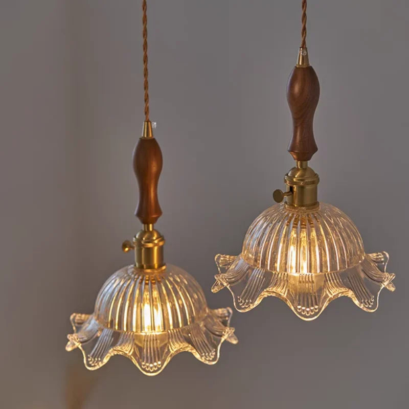 Helnys Nordic Walnut Wood LED Pendant Light with Clear Flower Glass