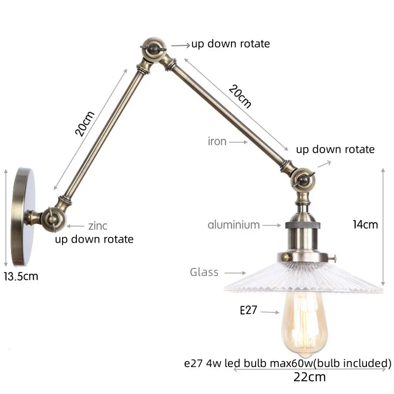 Helnys Vintage Clear Glass LED Wall Lamp with Pull Chain Switch