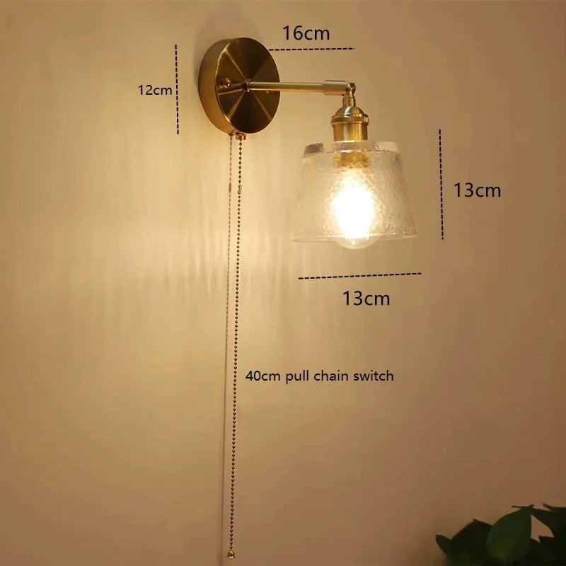 Helnys Green Glass Copper LED Wall Sconce with Pull Chain - Nordic Modern Wandlamp