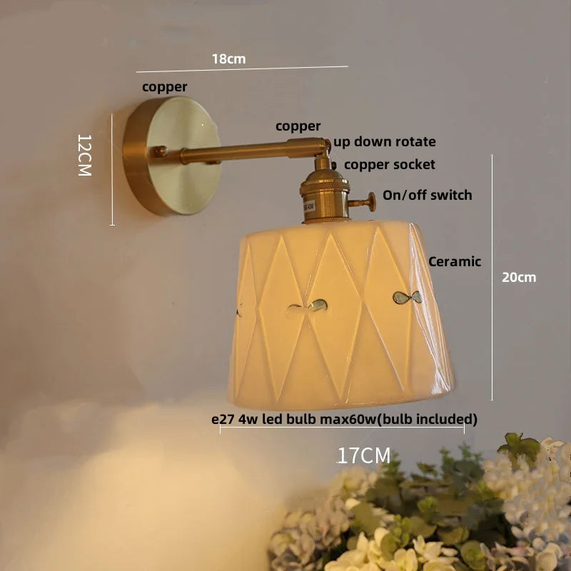 Helnys LED Ceramic Brass Wall Light Fixture Pull Chain Switch Bedside Lamp