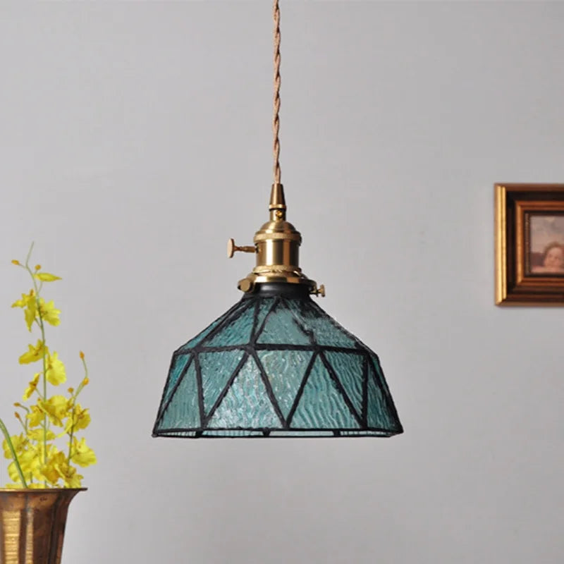 Helnys Blue Glass LED Pendant Light with Adjustable Copper Knob Switch