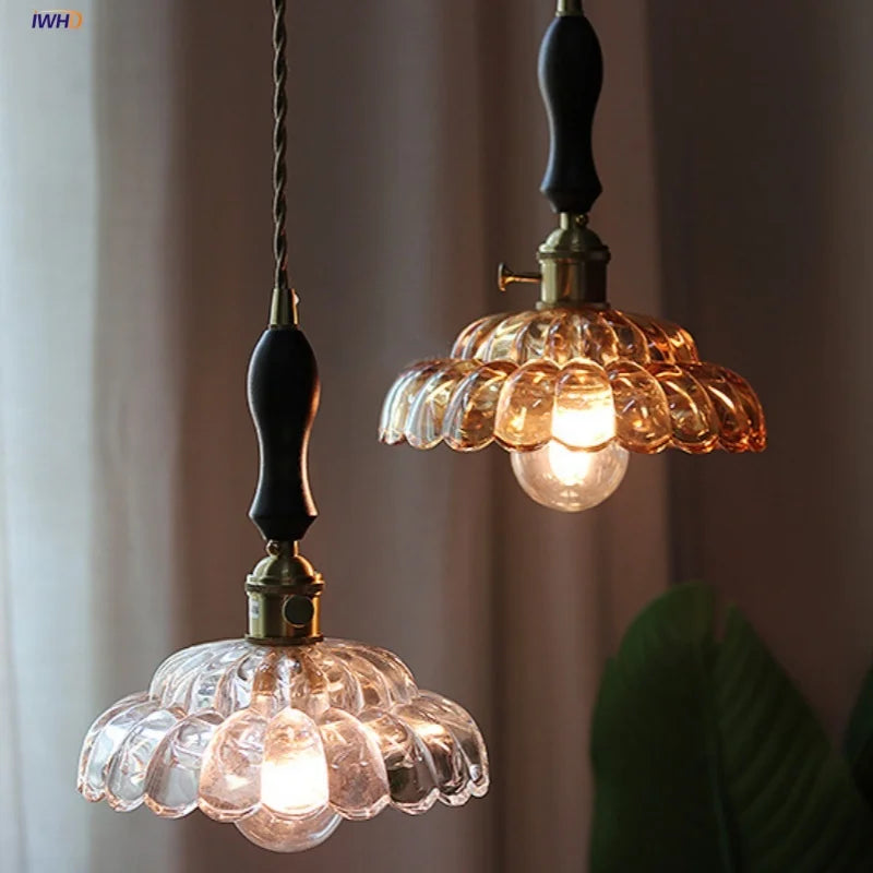Helnys Walnut Wood LED Pendant Lamp with Amber Glass Kitchen Light