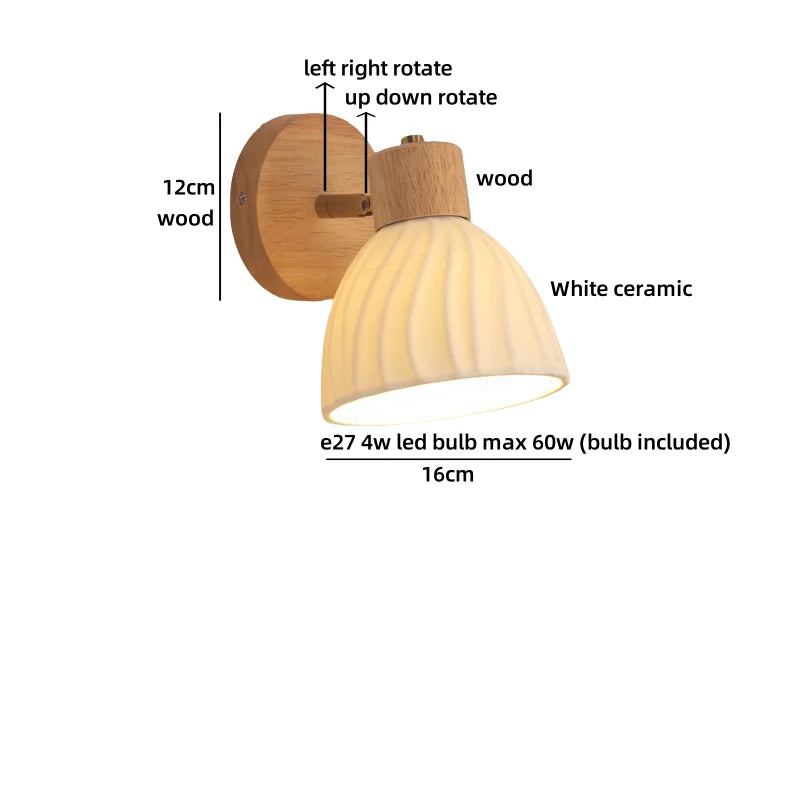 Helnys Japanese Style LED Wall Light Fixture Ceramic Wood Bedside Lamp