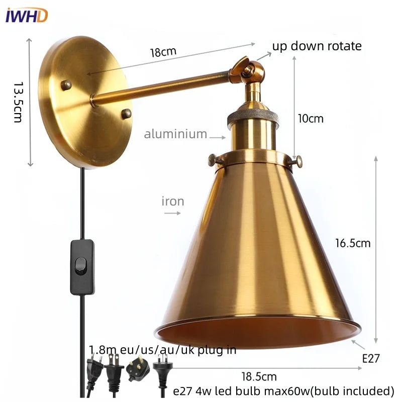 Helnys Industrial Iron LED Wall Lamp Plug In Stair Light Fixture Bedroom Aisle Vintage