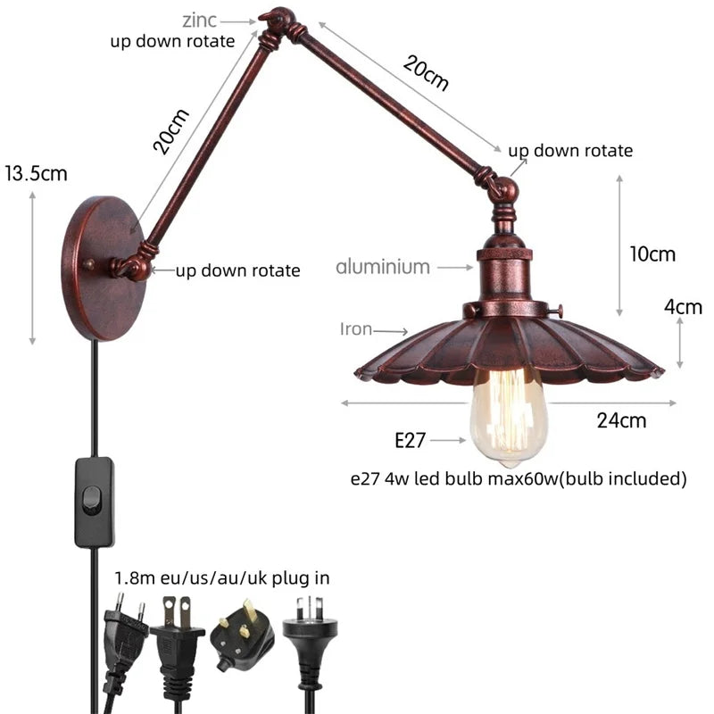 Helnys Gold Industrial LED Wall Lamp with Pull Chain Switch