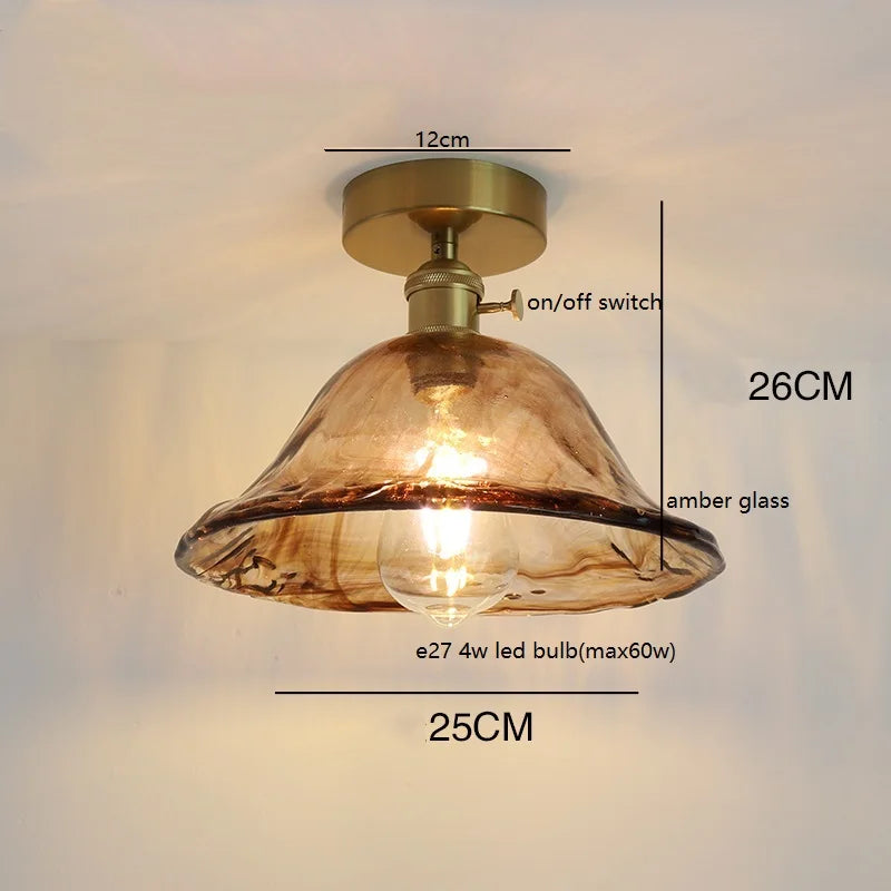 Helnys Amber Glass Ceiling Lamp LED 4W Copper Socket for Home Lighting