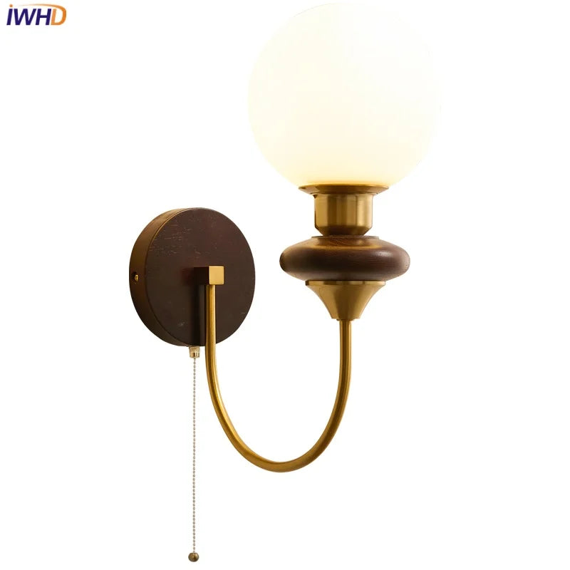 Helnys Walnut Wood Glass LED Wall Sconce with Pull Chain Switch