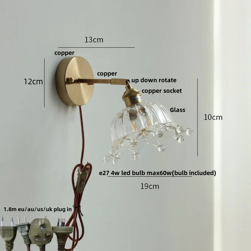Helnys Flower Glass LED Wall Lamp with Pull Chain Switch - Copper Wall Light Fixtures