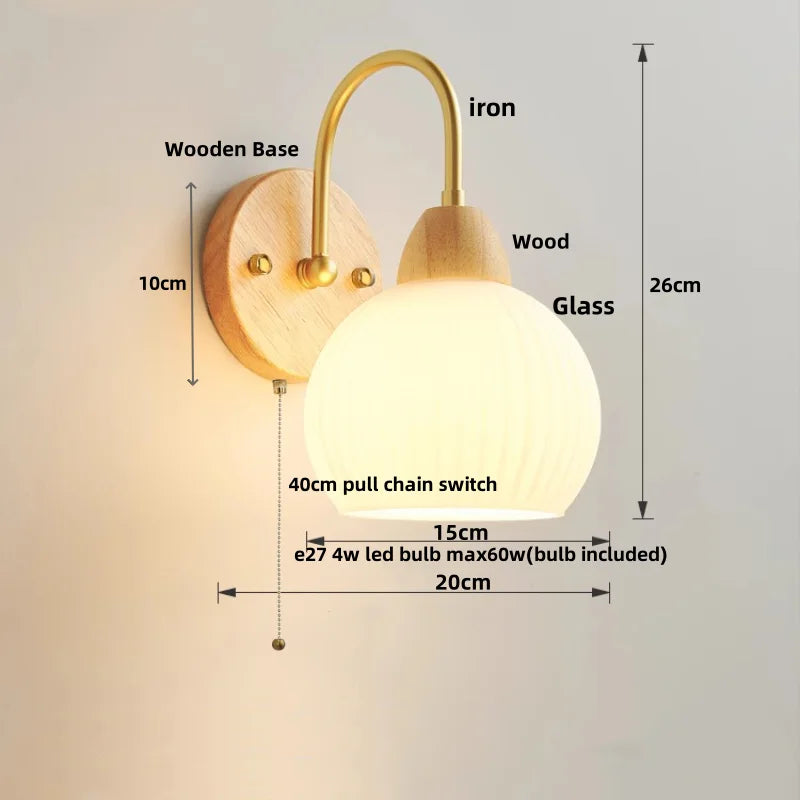 Helnys Nordic Wood Canopy LED Wall Light Fixture with Pull Chain Switch for Bedroom