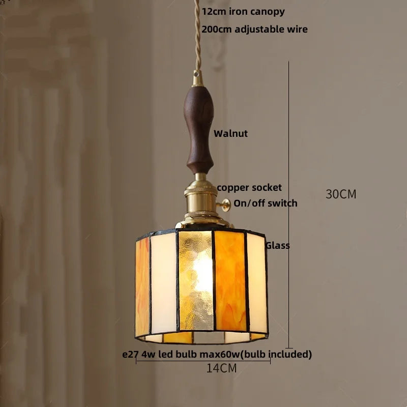 Helnys Tiffany Style Glass Pendant Light Fixture with Walnut Wood Finish
