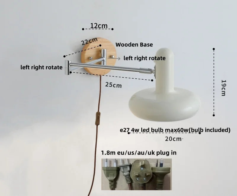 Helnys LED Wall Sconce Rotate Pull Chain Switch Wood Base Bedside Lamp